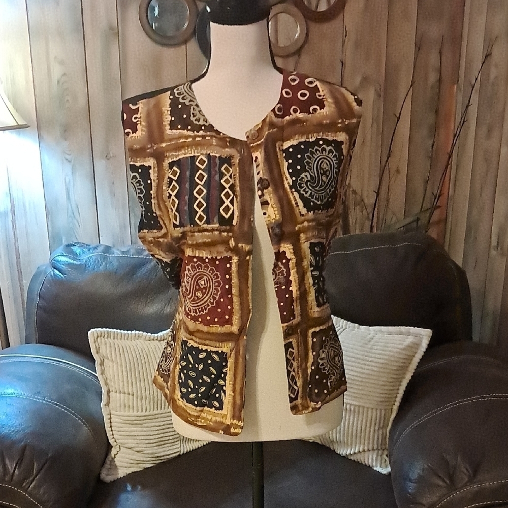 Vintage Boho 100% Silk Faux Patchwork Vest Button Down Front Back Tie Festival